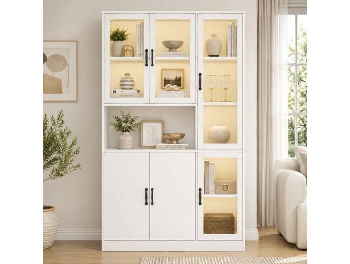 LEMONMAX Vitrine avec éclairage LED Vitrine Moderne avec étagères de rangement et portes en verre 120x40x200cm Blanc
