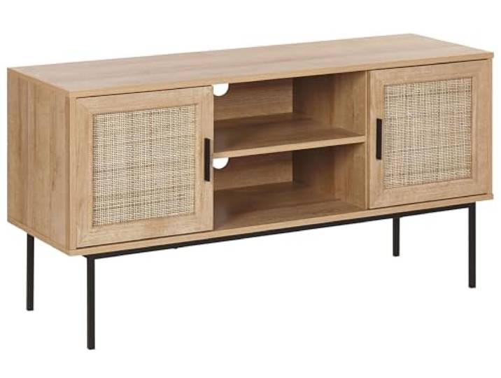 Beliani TV-Möbel Braun Faserplatte 2 Türen Heller Holzfarbton Rattan-Türen Holzwerkstoff, 2 Einlegeböden, Boho, Pulverbeschichtet, 120 x 39 x 63 cm