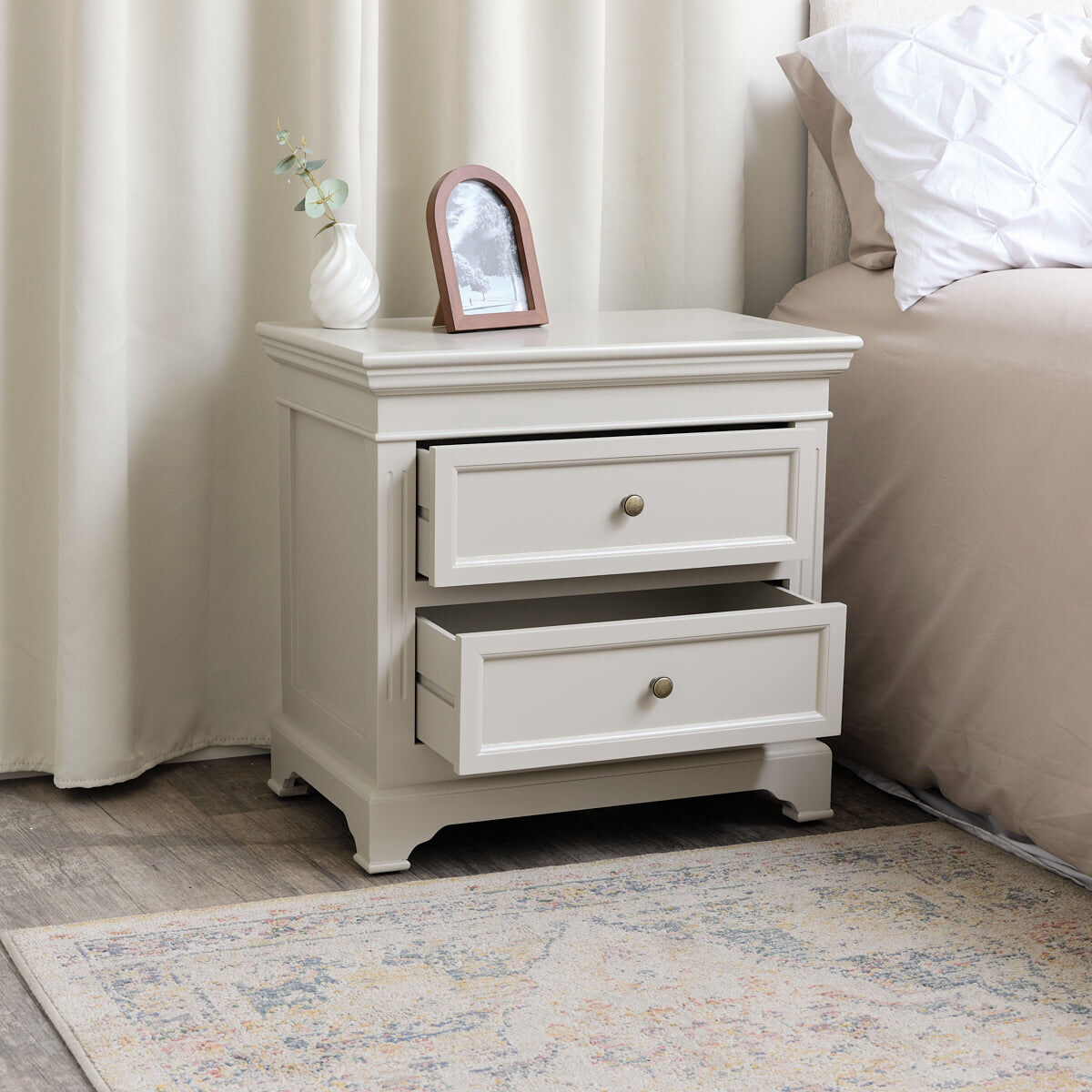 Pair Of Large Taupe-Grey Two Drawer Bedside Tables - Daventry Taupe-Grey Range Wood, Metal
