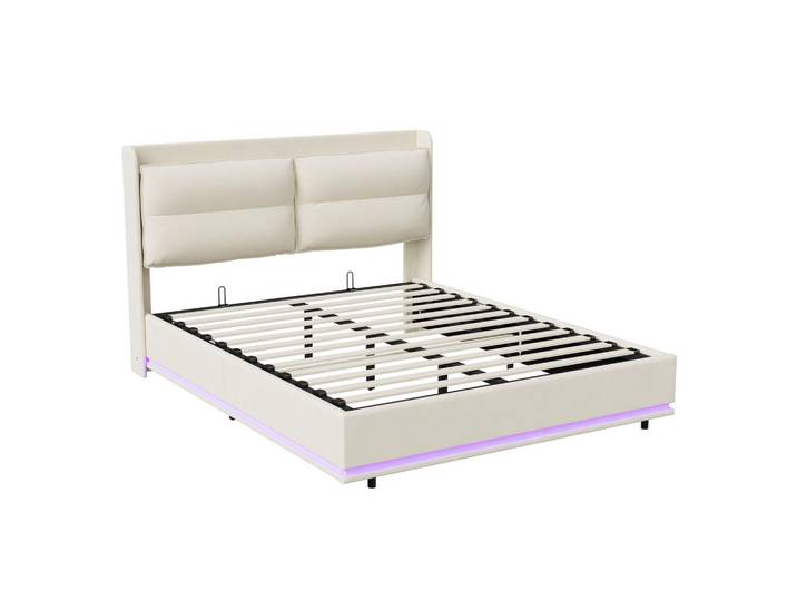 Polsterbett 140x200 cm, Beige, LED-Beleuchtung und USB & Typ-c, Mode, 140x200 cm, Schlafzimmer, Betten, Polsterbetten