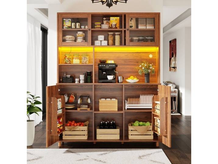 Buffet de Cuisine Armoire haute avec éclairage LED style rétro Meuble de Rangement 140x40x185cm couleur noyer