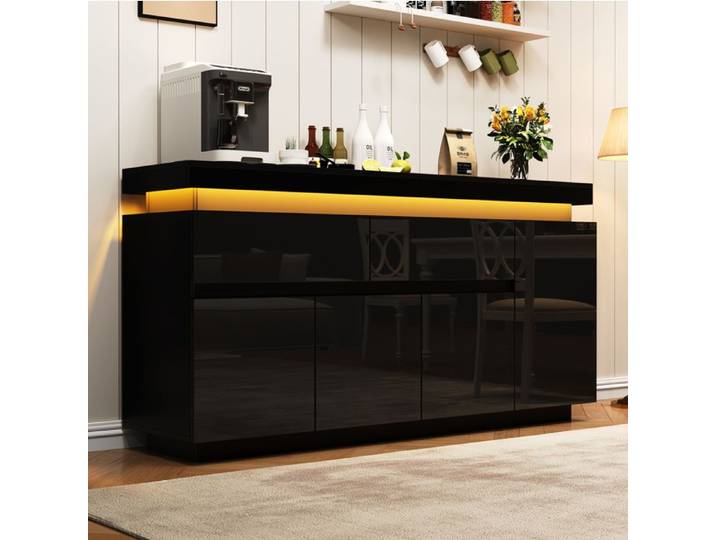 MEUBLIV Buffet bas noir brillant 140 cm 2 tiroirs 4 portes LED panneau de particules