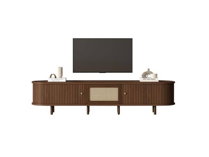 RAPRAP 180cm Tv Schrank Holz mit Rattan Optik, Tv Lowboard Stehend Walnuss, Goldene Griffe & Höhenverstellbare Beine, Fernsehschrank Modern Retro,180cm b