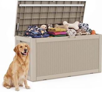 100-gallon resin outdoor storage box, lockable patio storage cabinet, suitable for storing outdoor supplies and pet supplies.