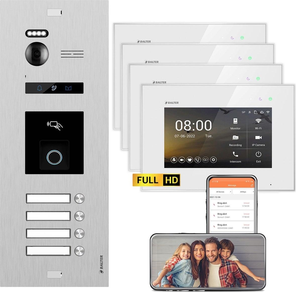 BALTER EVO HD Silber RFID/Fingerprint 4x7" WiFi Weiß Video Türsprechanlage Set 4 Familienhaus