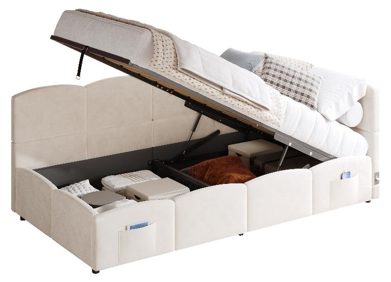 Polsterbett 90x200 cm Beige Samt mit Stauraum, USB-A und USB-C, Lattenrost, Schlafsofa für Schlafzimmer