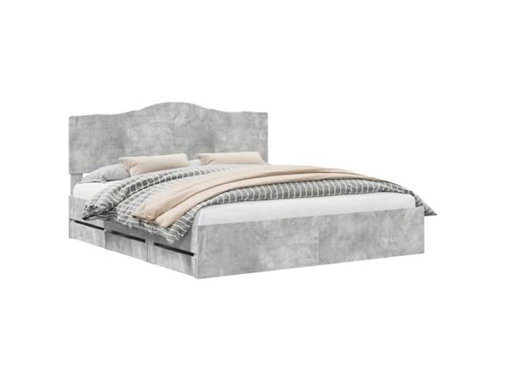 PUGYNBK Bettrahmen grau Beton 200 x 200 cm Holz Ingenieur Mit versteckten Schubladen, festen Leisten, einfache Montage, robust und elegant