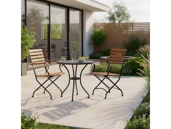 Gardenson Gartenklappsessel-Set, Anthrazit, Akaziefarben, Metall, Holz, Akazie, Hartholz, 55x89x58 cm, klappbar, gastro- und objekttauglich, wetterbeständig, abwischbar, Gartenmöbel, Gartenstühle, Gartenklappstuhl