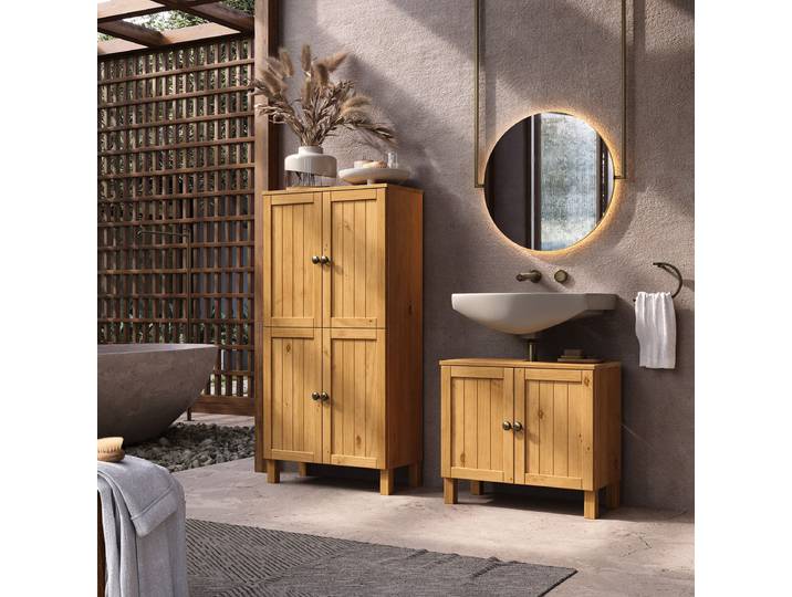 Massiver Midischrank CALLE 62cm Holz/Braun/Schilfgrün