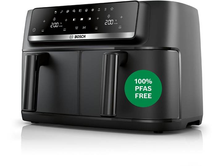 BOSCH Heißluftfritteuse Airfryer MAFD440B0, 2* 4,5L Kammer, spülmaschinengeeignet, schwarz, 2500 W, PFAs frei, einfache Reinigung, 6 voreingestellte Programme