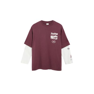 Oversize-Shirt S.OLIVER JUNIOR, Jungen, Gr. 146/152, rot (burgundy), Jersey, Obermaterial: 100% Baumwolle, oversize hüftlang, Rundhals, Shirts, Oversize-Form im 2in1-Look