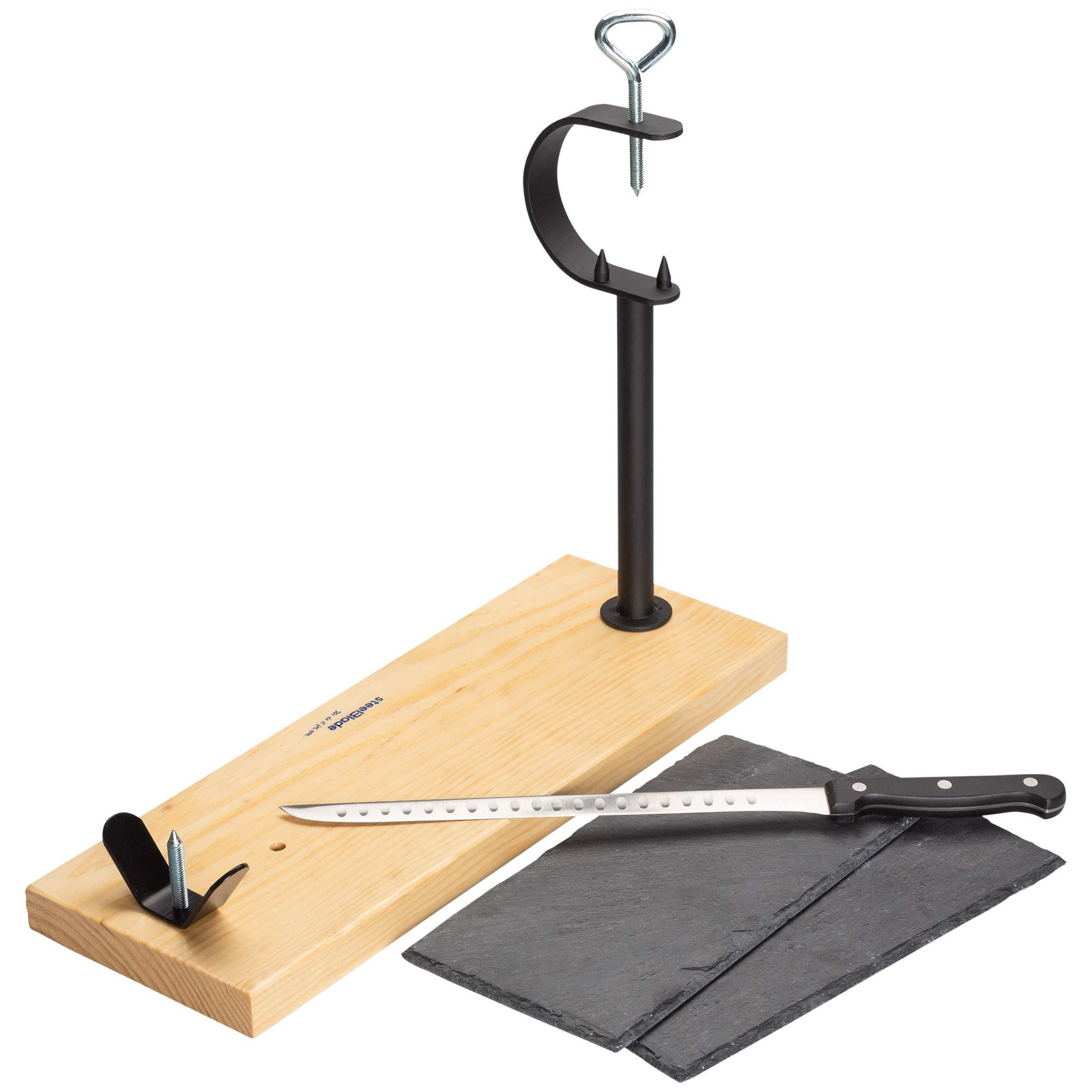 Dripio Houten hamhouder met mes en 2 leisteenplaten