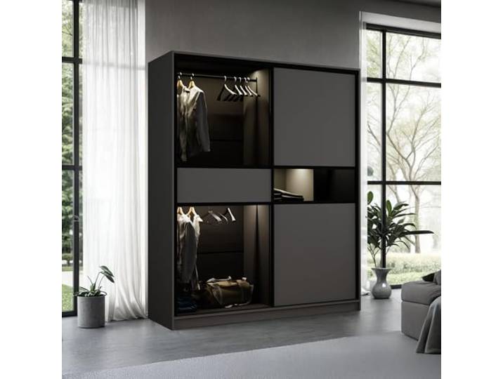 Krudox DRE Graphit Schiebetürenschrank Kleiderschrank 203x217x60 cm - Schlafzimmermöbel, Aufbewahrung – Mehrzweckschrank mit Kleiderstange