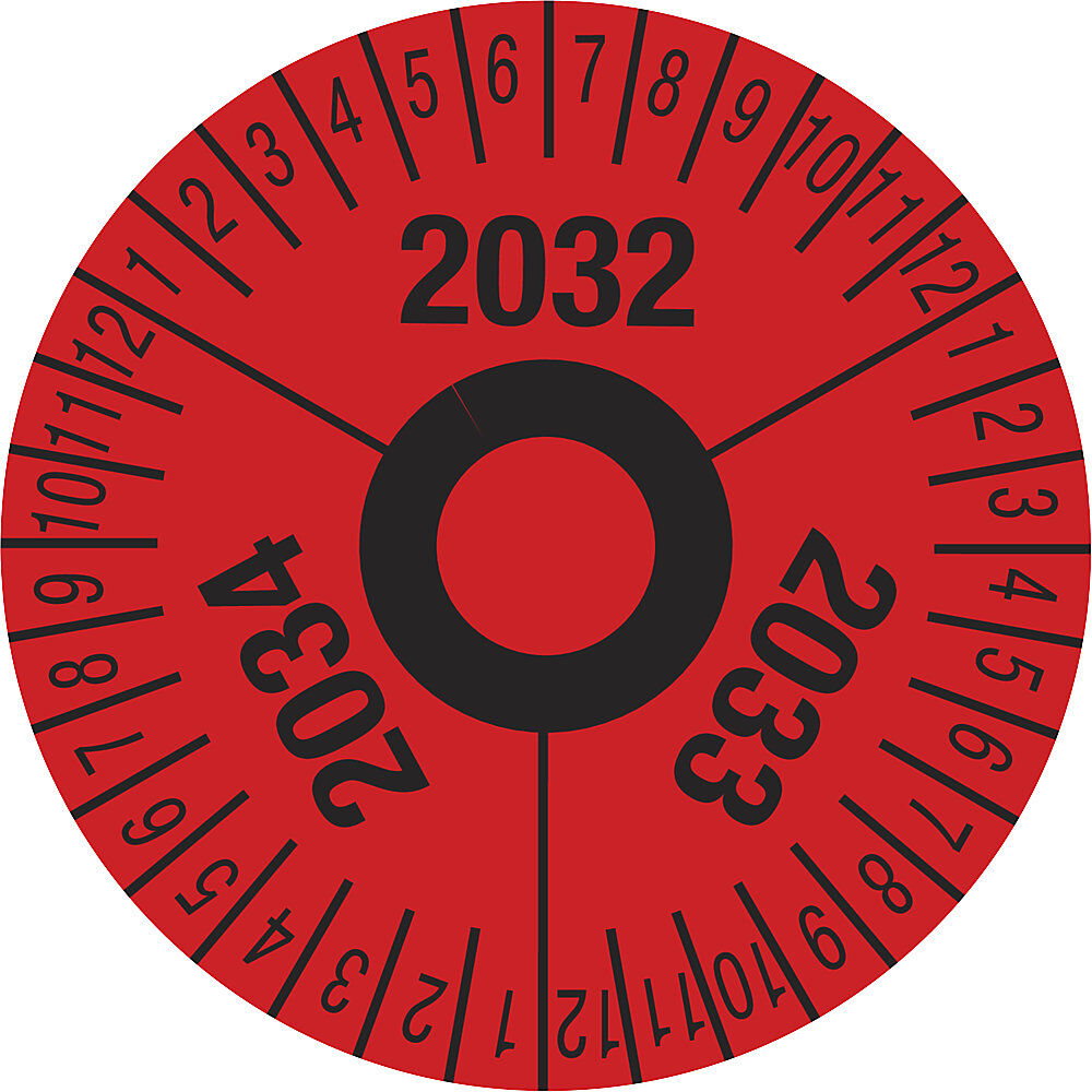 kaiserkraft Prüfplakette, Mehrjahreszahlen, rot, Folie, Ø 40 mm, VE 10 Stk, 2032 - 2034
