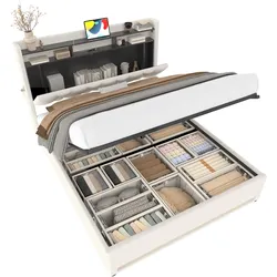 Polsterbett 160x200 cm mit Stauraum und LED-Beleuchtung – elegantes Design in Beige, Samtbezug, hydraulischer Lattenrost