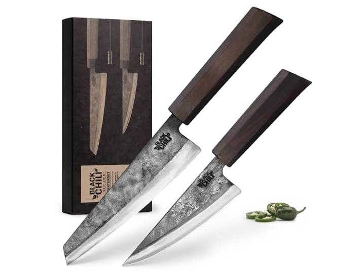 Black Chili Starterset 2-teilig Santoku & Gemüsemesser (17 & 13 cm) aus Carbonstahl mit Ebenholz Griff Küchenmesser Set Extrem scharf & handgeschmiedet HABANERO-17 & JALAPENO-13