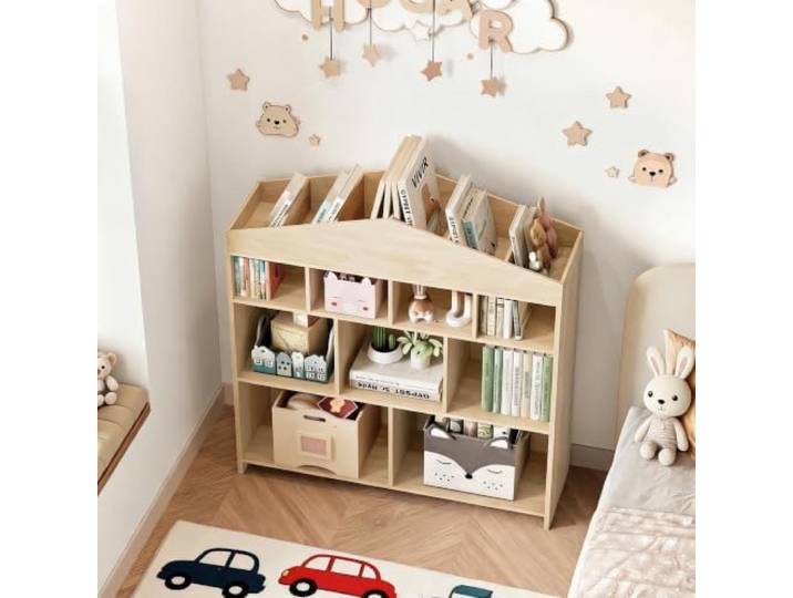 GarveeMore Kinderregal mit 9 Fächern, Naturholz, Spielzeugregal Hausförmiges Design auf Kinderhöhe – ideal für Bücher und Spielzeug im Kinderzimmer oder Kindergarten.