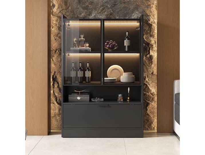 Vitrine LED moderne noir mat 120 cm 1 porte abattante et portes en verre buffet de salon Meubles de Rangement 80x35x120cm