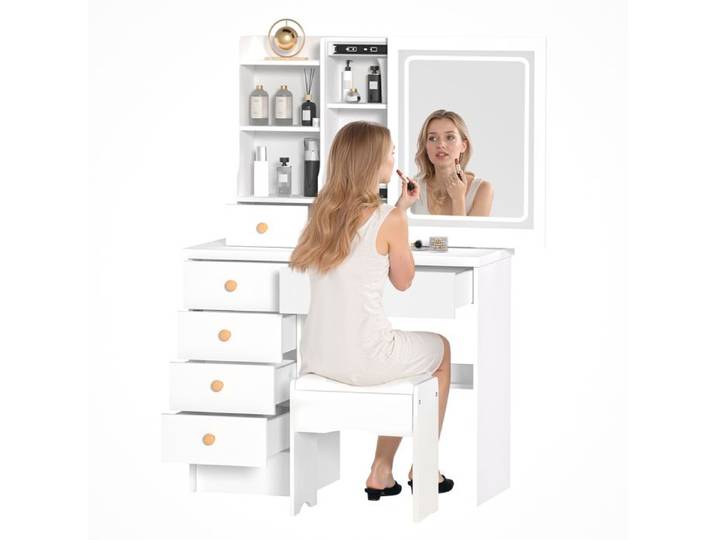 Coiffeuse bois 6 tiroirs spacieux avec siège intégré miroir grand angle parfait pour maquillage et rangement produits beauté