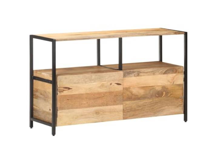 HGFDVCMR Sideboard 110x35x65 cm Massivholz Mango Kommode mit Fach Rustikaler Aufbewahrungsschrank aus echtem Mangoholz für Wohnzimmer und Flur mit offenem Regal und Metallrahmen.