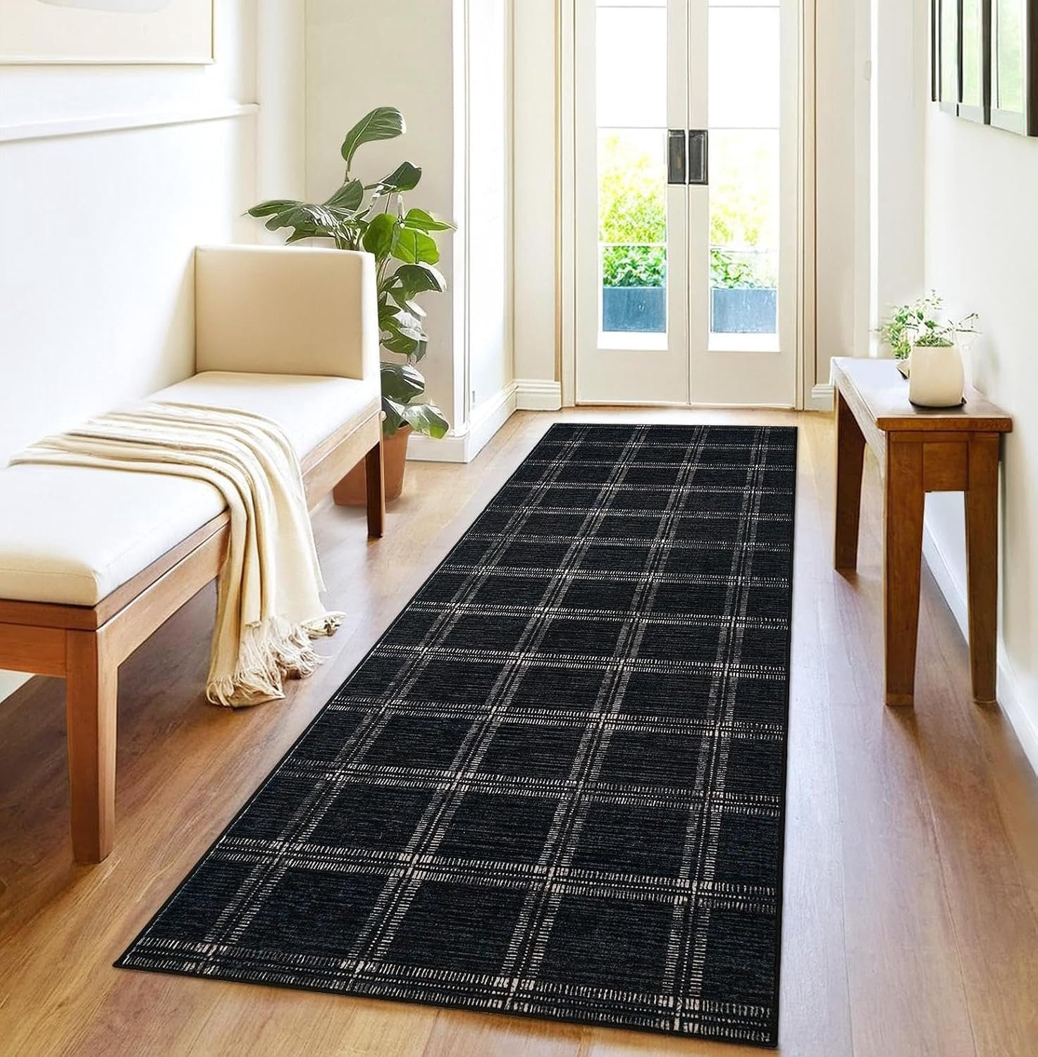 Triumpunpre Washbaar Vloerkleed met Geometrisch Lijnpatroon - Zwart - B/D: 60 x 230 cm
