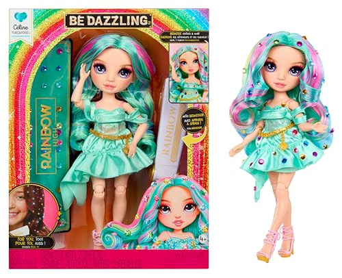 Rainbow High Be Dazzling Celine Turquoise modepop van 28 cm met bedazzling-tool, glinstersteentjes en stylingaccessoires