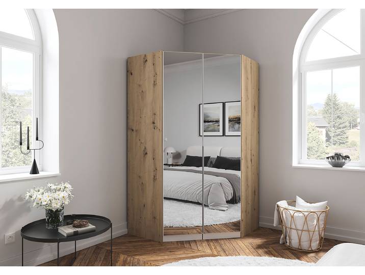 Eckschrank Alabama - Grauspiegel 117cm Holz/Weiß/Alpinweiß/Eiche Artisan Dekor Aluminium