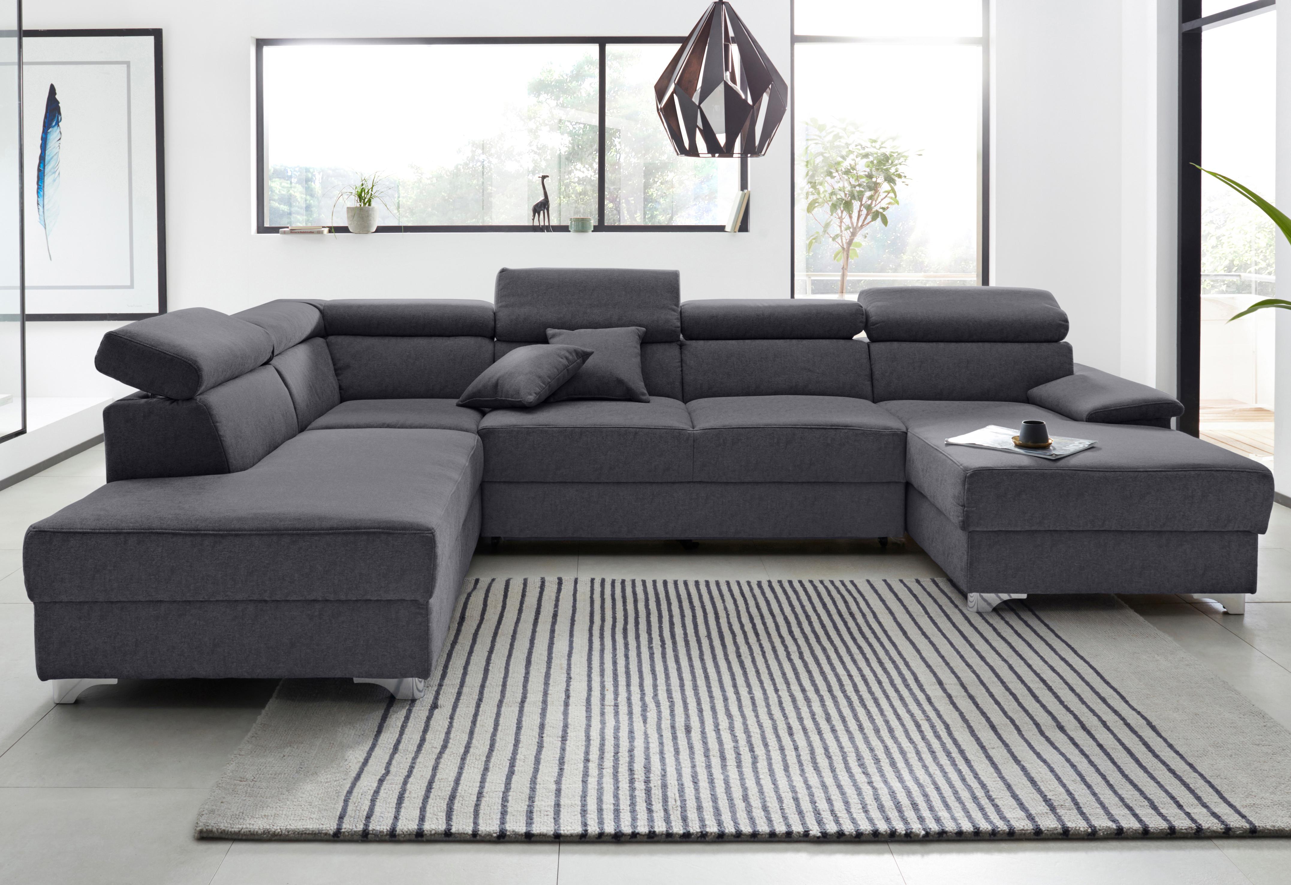 Wohnlandschaft DOMO COLLECTION "Mira, inklusive Kopfteilverstellung für mehr Wohlfühlkomfort, U-Form", grau (dunkelgrau), B:337cm H:78cm T:230cm, Luxus-Microfaser (92% Polyester, 8% Nylon);Zierkissen: Entsprechend jeweiligem Bezug.;Struktur (100% Polyeste