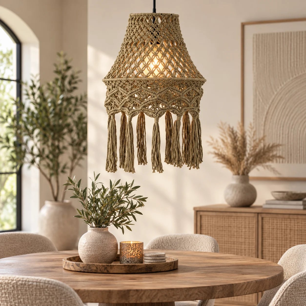 PTMD Hanglamp Milley Boho Macrame Groen en Beige