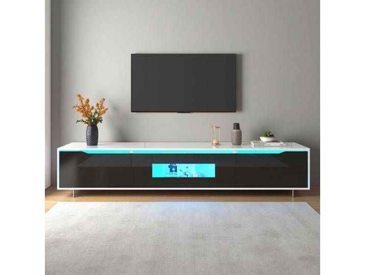 Vitrine moderne faisant également office de meuble TV finition brillante noir et blanc éclairage LED à couleur variable noir