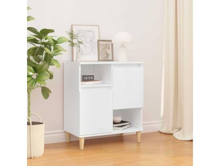 HEFZGDB Stabiles Sideboard mit Wandhalterung gegen Umkippen für Wohnzimmer Schlafzimmer Flur und Büro in Weiß aus Holzwerkstoff mit Eukalyptusbeinen und 4 Fächern sowie 2 Türen zur
