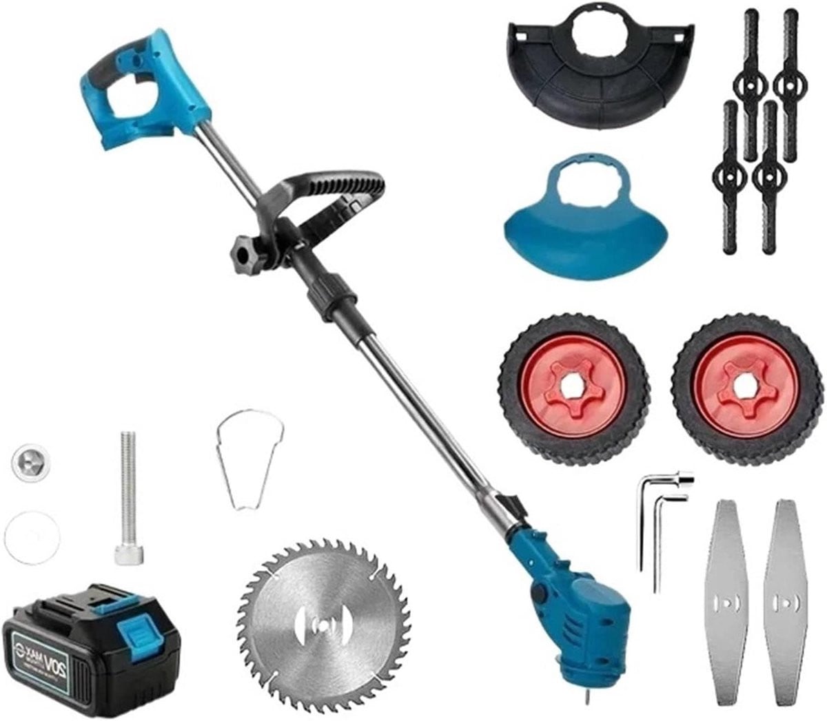 Blauwe Snoerloze Grasmaaier en Grastrimmer met 21V Accu en Telescopische Steel
