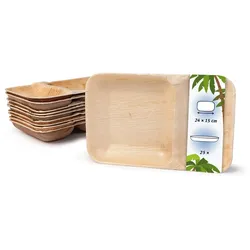 onlyleaf 25 Stück Einwegteller Menüschale 24x15cm, Palmblatt Geschirr, Palmblatt Teller, rechteckige Menüteller mit 2 Kammern, biologisch abbaubar