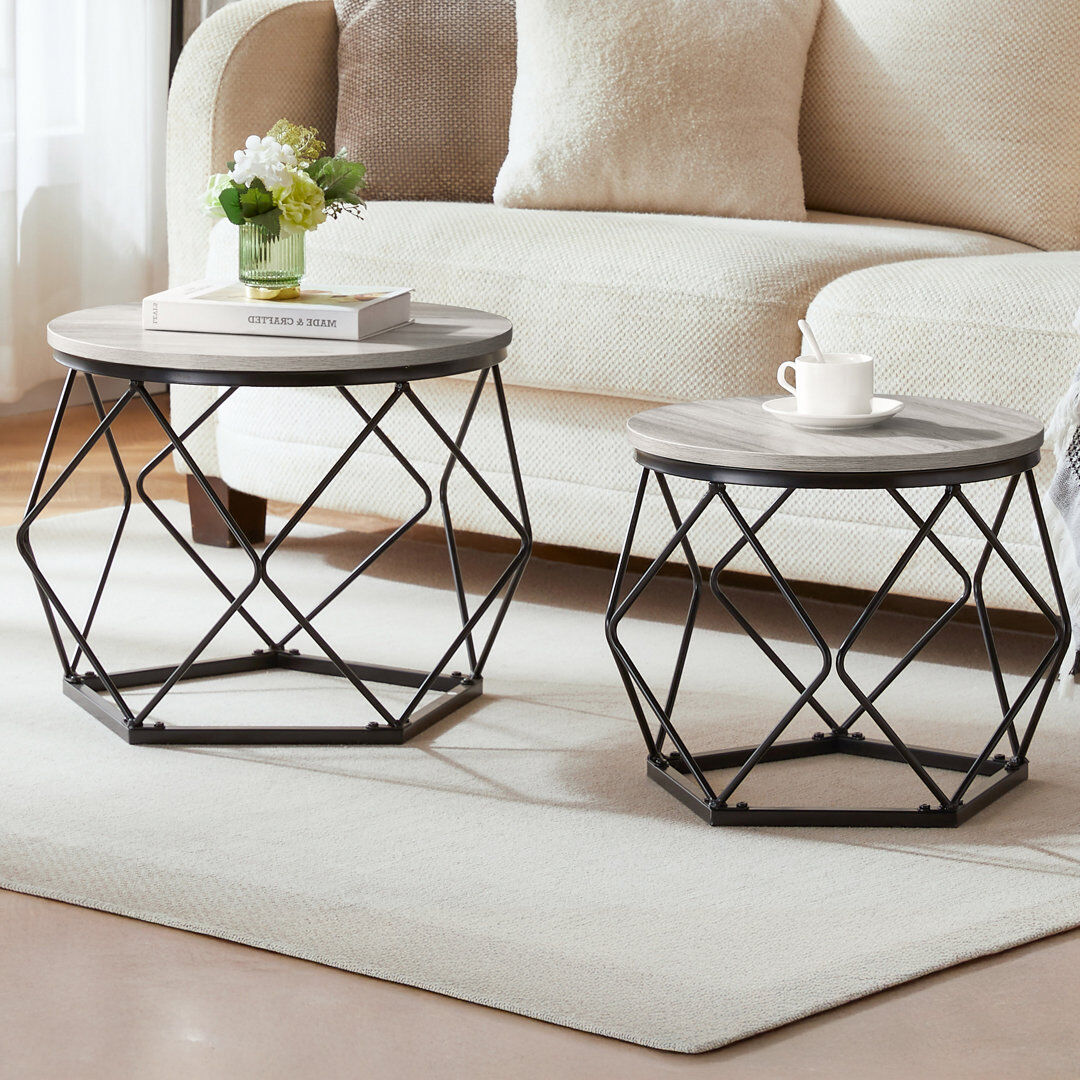 Metro Nest of 2 Geometric Tables, Modern Stylish Living Room Home Furniture Grey 40cm H X 48cm W X 48cm D