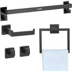 VEVOR Badezimmer Hardware Zubehör Set aus Edelstahl (5-tlg.) inkl. Handtuchstange & Handtuchhalter (quadratischer Ring) & 2 Haken & Toilettenpapierhalter, für Badezimmer, Wandmontage Schwarz