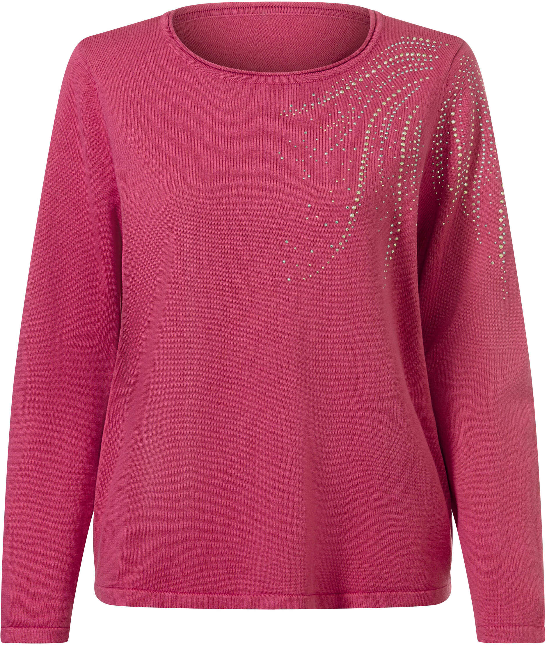 Longpullover WITT "Rundhals-Pullover Feinstrickpullover mit Metallplättchen-Applikation", Damen, Gr. 44, fuchsia, Elegant, Rundhals, Pullover Longpullover