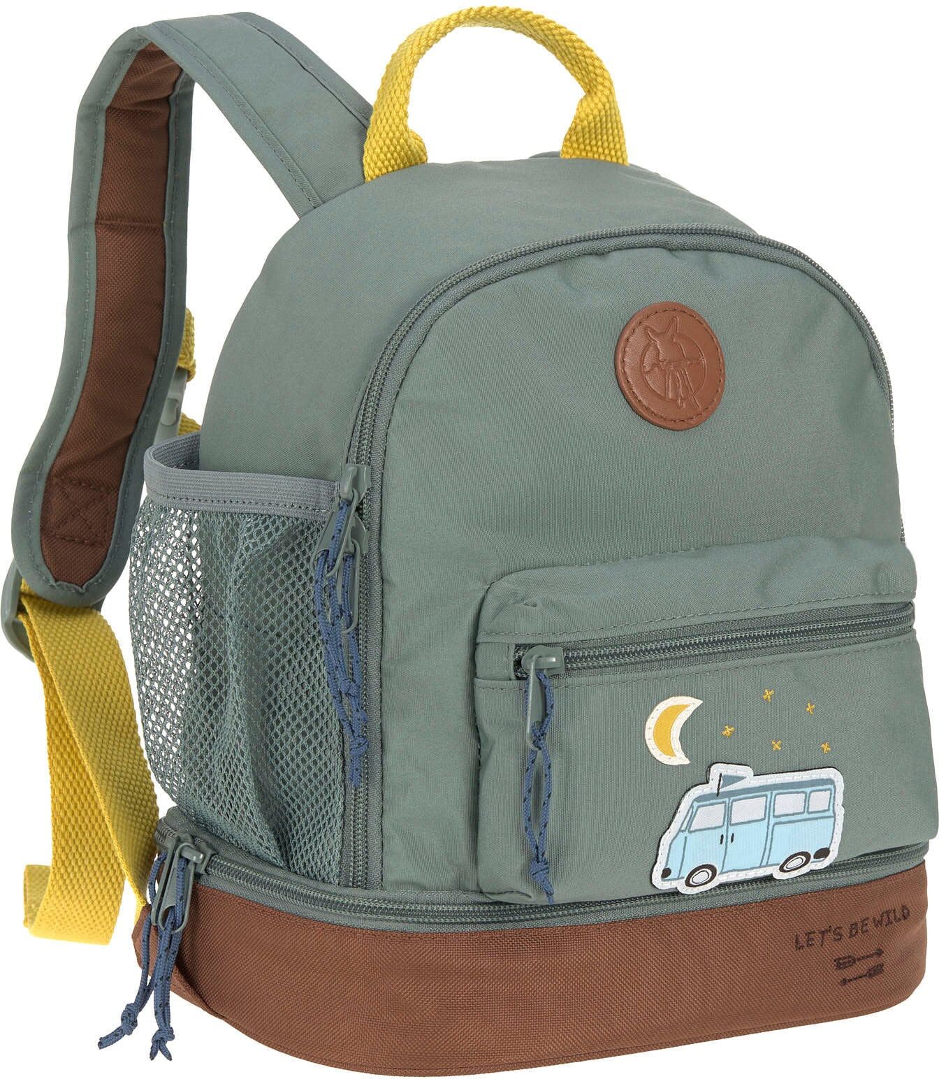 Kinderrucksack LÄSSIG "Adventure, Bus, Mini Backpack", Jungen, Gr. B/H/T: 25cm x 27cm x 16cm, grün (olive), Polyester, Rucksäcke Kinderrucksack, PETA-approved vegan