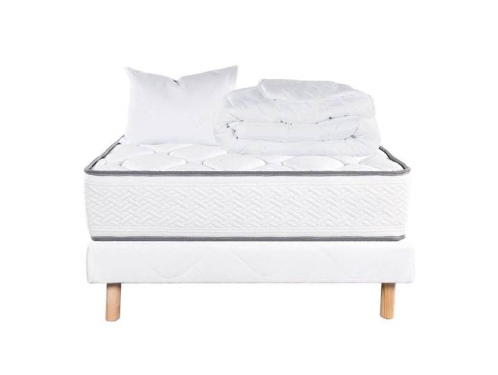 IZAC - Pack Matelas + Sommier Tapissier Blanc 90x190 cm + 1 Oreiller + 1 Couette