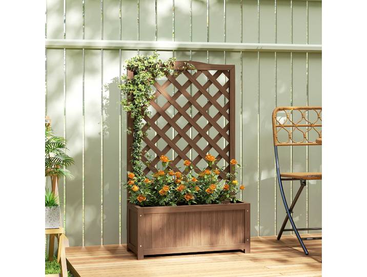 Outsunny Jardinière Bois Massif avec Treillis 70x28x117cm Café