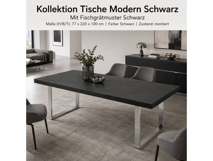 Wohnpalast Konsolentisch Esstisch Modern Schwarz mit Fischgrätmuster und verchromten Tischbeine