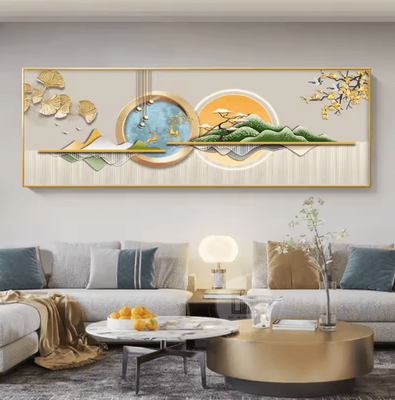 Inspire Picks Chinese Style Golden Deer Canvas Wall Art Feng Shui Mountain Poster Decor 16 30x90cm No Frame