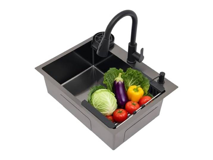 JHAUAI Spülbecken Schwarz,Küchenspüle Edelstahl,Einbauspüle,Küchenarmatur Nano Beschichtung Oberfläche,X Förmige Entwässerung,Ausziehbarer Wasserhahn,Inklusive Tassenwaschanlage