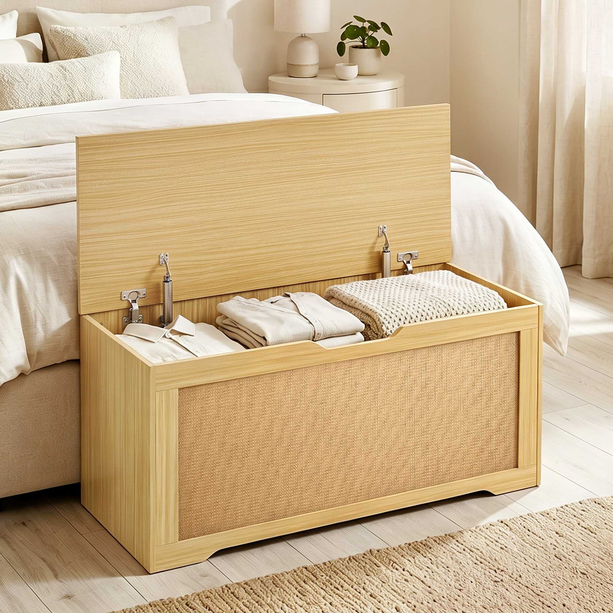Homcom Panca Contenitore in Rattan 136L, Panca con Coperchio Sollevabile e 2 Cerniere di Sicurezza, Rovere   Aosom Italy