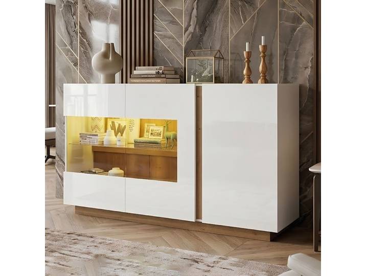 Buffet Sideboard Blanc Hochglanz 138x38x90.5cm Éclairage LED RGB Bluetooth 3 Portes avec Verre Trempé Socle en Bois Robuste
