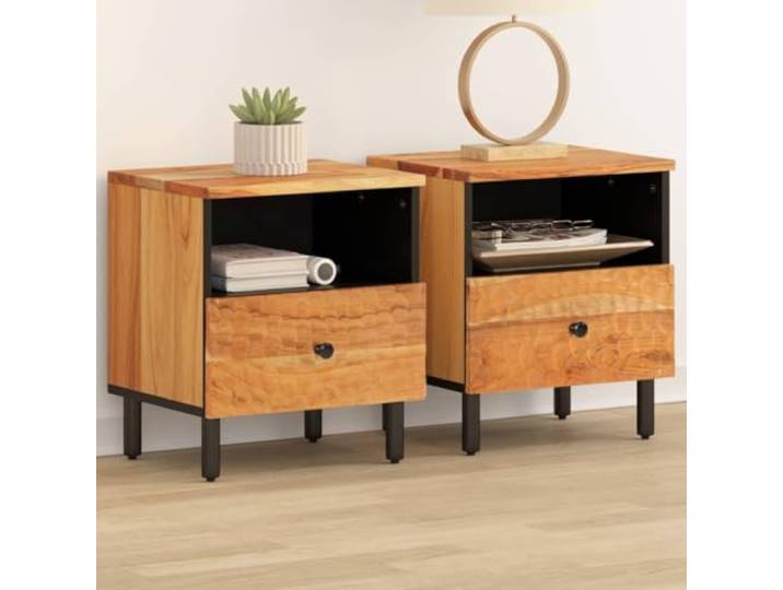 HEFZGDB Nachttische 2 STK. 40x33x46 cm Massivholz Akazie mit Schublade und Fach für Stauraum, stabile Oberplatte und Eisenbeine, Elegantes Design für Inneneinrichtung, robuste