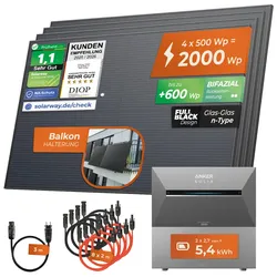 Solarway® 2000Wp / 800W / 5,4kWh Balkonkraftwerk mit Speicher komplett Steckdose - 5,4kWh Anker SOLIX 3 PRO Speicher - Solaranlage Komplettset - 500W Solarmodule & Anker Speicher & Zubehör