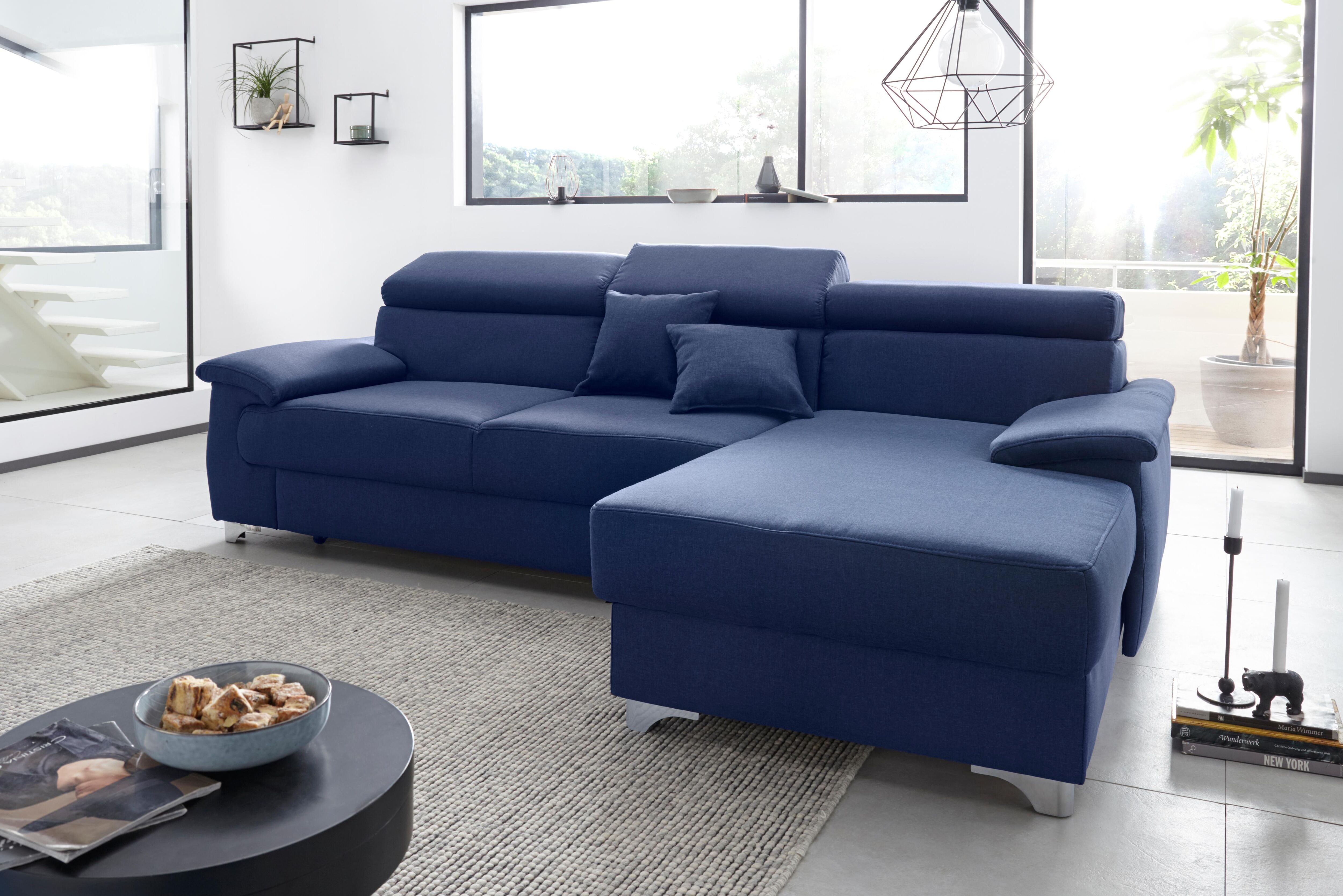 Ecksofa DOMO COLLECTION "Mira, inklusive Kopfteilverstellung für mehr Wohlfühlkomfort, L-Form", blau (dunkelblau), B:271cm H:78cm T:167cm, Zierkissen: Entsprechend jeweiligem Bezug.;Struktur (100% Polyester);Struktur fein (100% Polyester);Luxus-Microfaser
