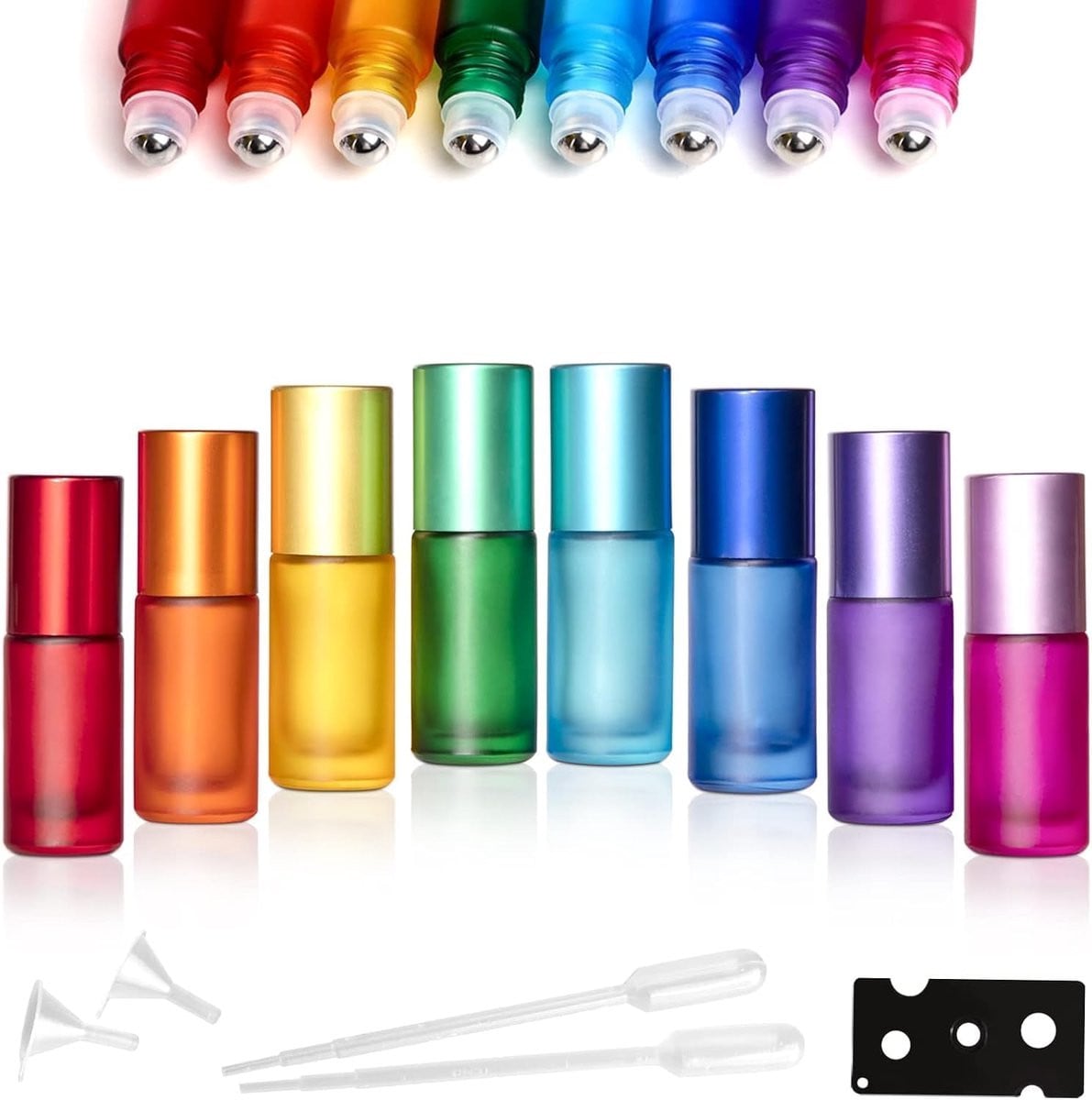 Set van 8 lege glazen roll-on flesjes van 5 ml met RVS rollerballen en accessoires in 8 verschillende kleuren
