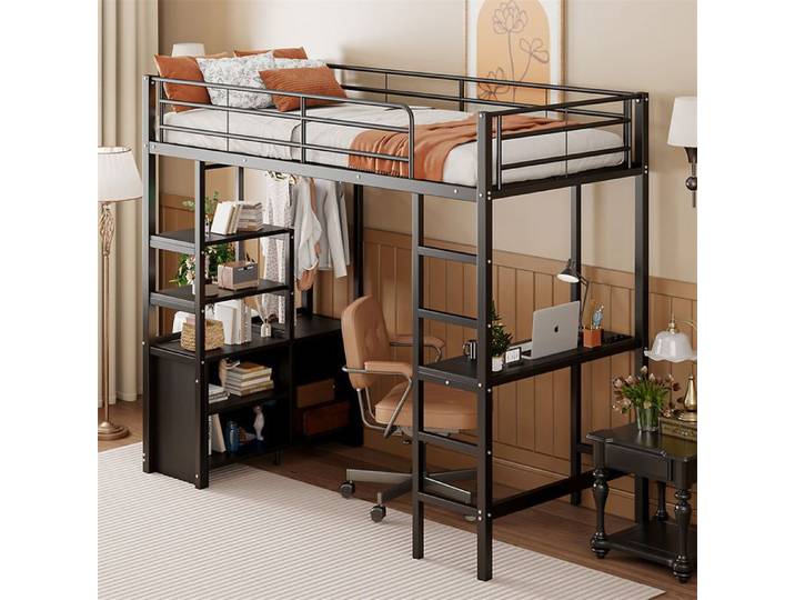 DRIPEX Lit Mezzanine en fer 90×200cm avec bureau prise USB Lit surélevé avec étagères Armoire de rangement ouverte Noir