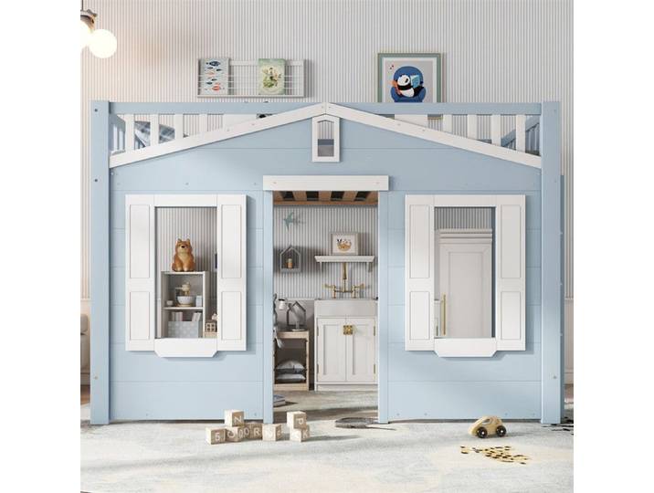 DRIPEX Lit superposé 90x200cm avec espace sous le lit pour un aménagement flexible Lit enfant maison avec fenêtre Bleu
